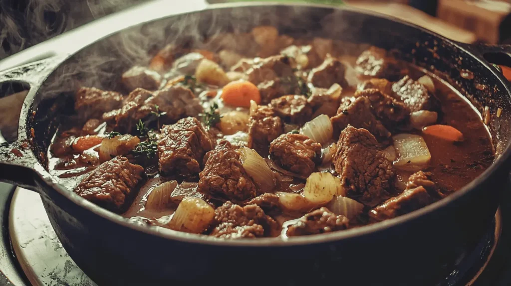 Beef stew seasoned with a homemade beef stew seasoning recipe, featuring tender beef chunks, carrots, onions, and rich spices cooked to perfection in a black pot.