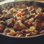 Beef stew seasoned with a homemade beef stew seasoning recipe, featuring tender beef chunks, carrots, onions, and rich spices cooked to perfection in a black pot.