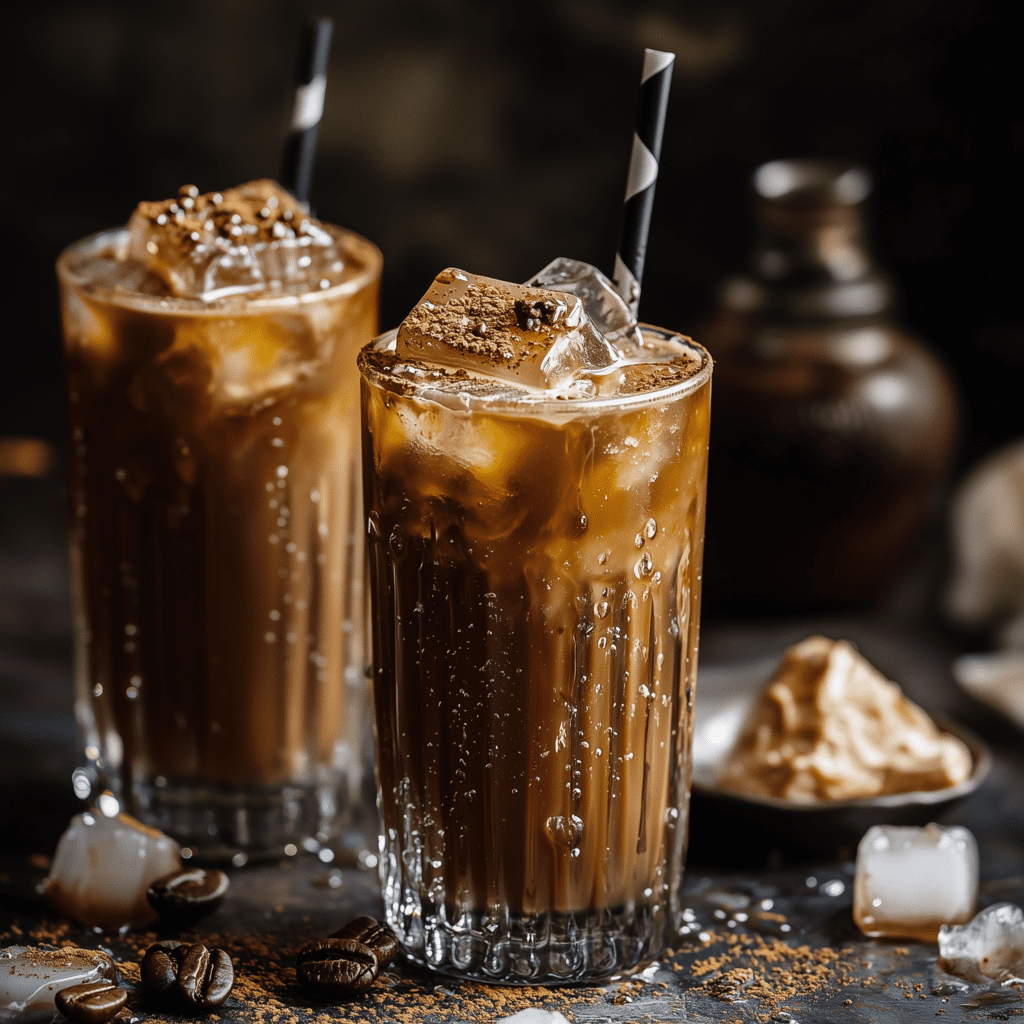 Two tall glasses of caramel iced coffee recipe, topped with ice cubes and cocoa powder, with caramel sauce and coffee beans in the background.