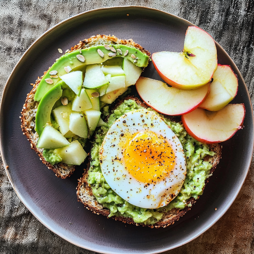 Avocado toast topped with sliced avocado, chopped apples, and a perfectly cooked sunny-side-up egg, served on a plate with additional apple slices, garnished with seeds