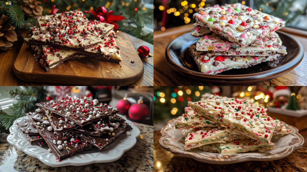 Delicious Christmas bark recipe with layers of chocolate, festive toppings like candy canes and sprinkles, perfect for holiday treats