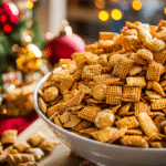 A festive bowl of Christmas Chex mix featuring a mix of cereal, pretzels, and holiday-themed decorations in the background, with warm lighting and ornaments.