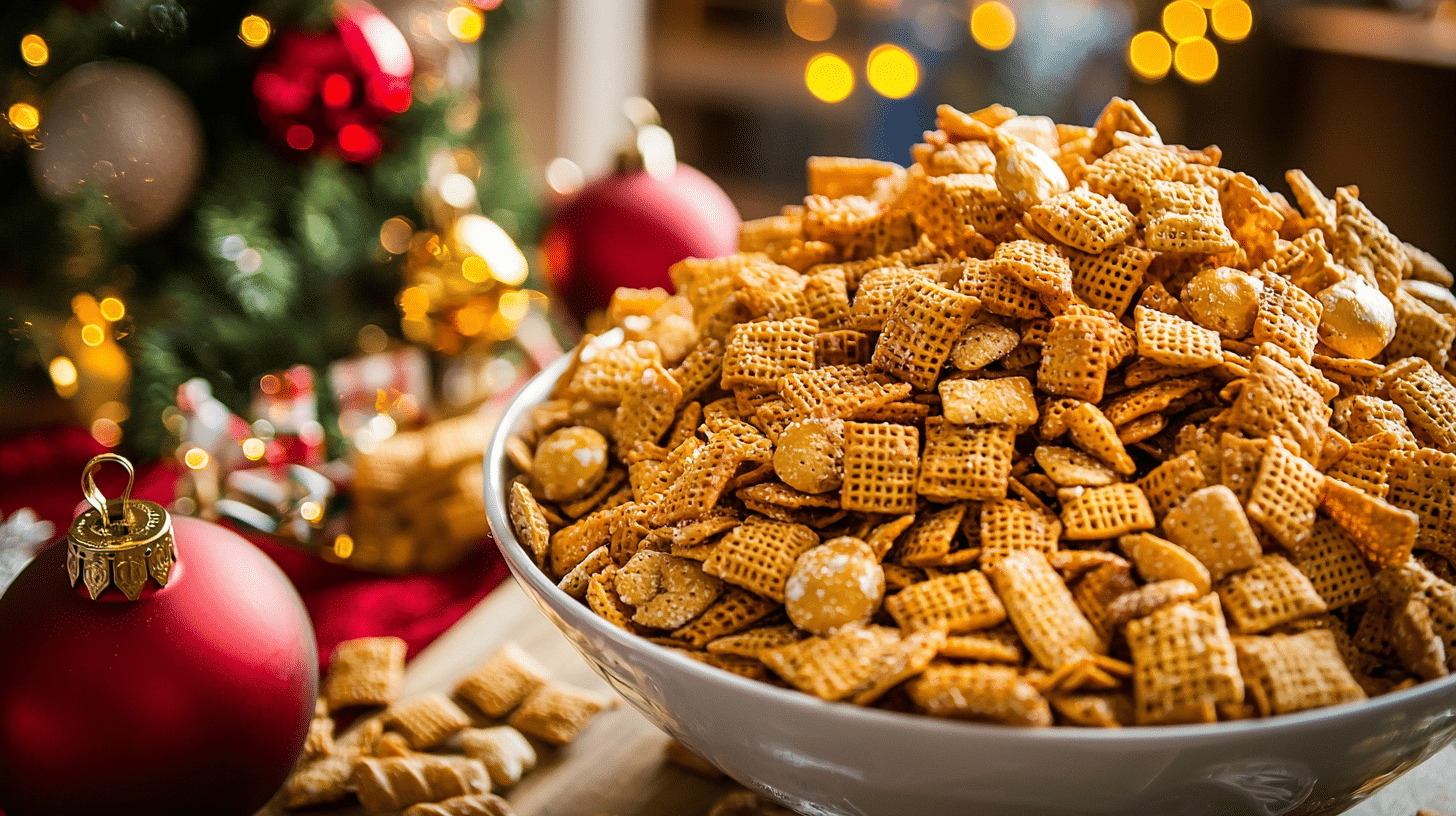 A festive bowl of Christmas Chex mix featuring a mix of cereal, pretzels, and holiday-themed decorations in the background, with warm lighting and ornaments.