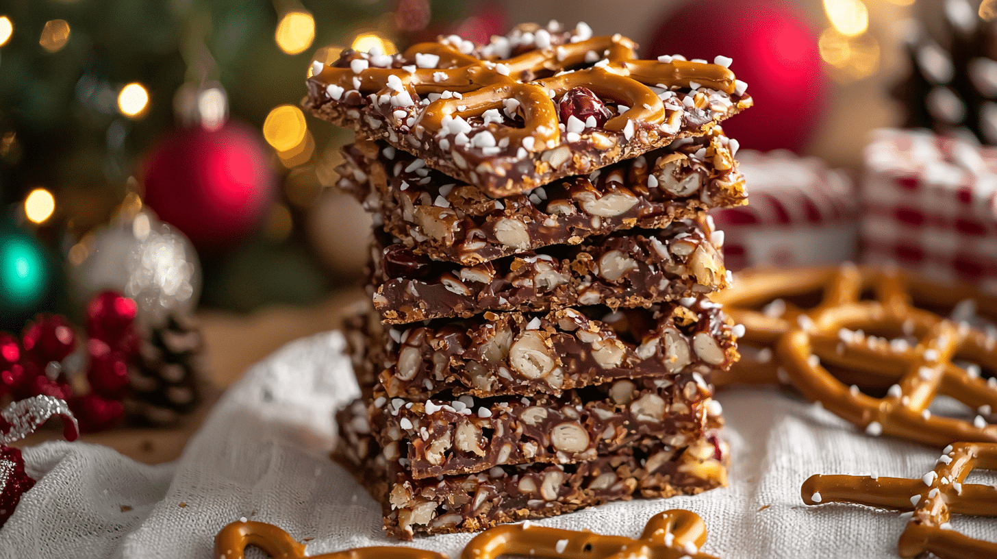 Delicious Christmas crack recipe with pretzels, layered with chocolate, nuts, and festive toppings, surrounded by holiday decorations and lights.