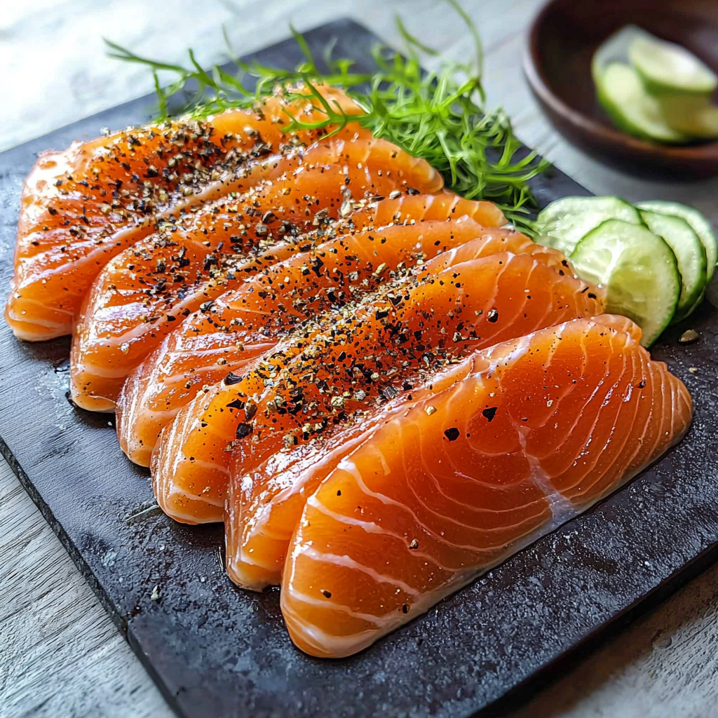 Thinly sliced cold smoked salmon arranged on a platter with fresh dill, lemon slices, and capers