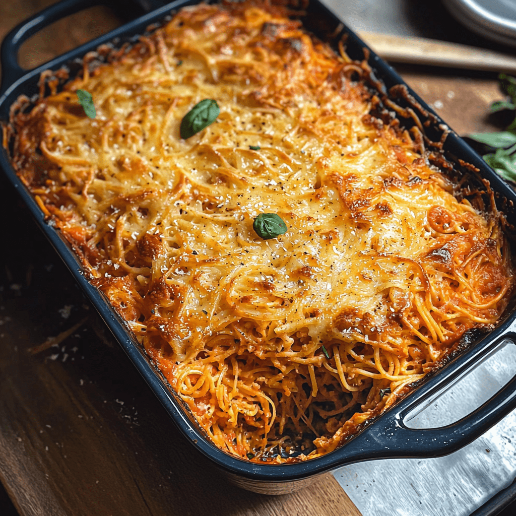 Freshly baked spaghetti casserole recipe in a black baking dish, topped with golden, melted cheese and garnished with basil leaves