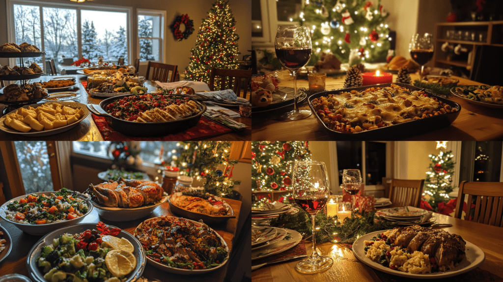 Festive Christmas dinner table set with various holiday dishes, including roasted chicken, salads, casseroles, and wine, surrounded by Christmas tree decor and warm lighting.