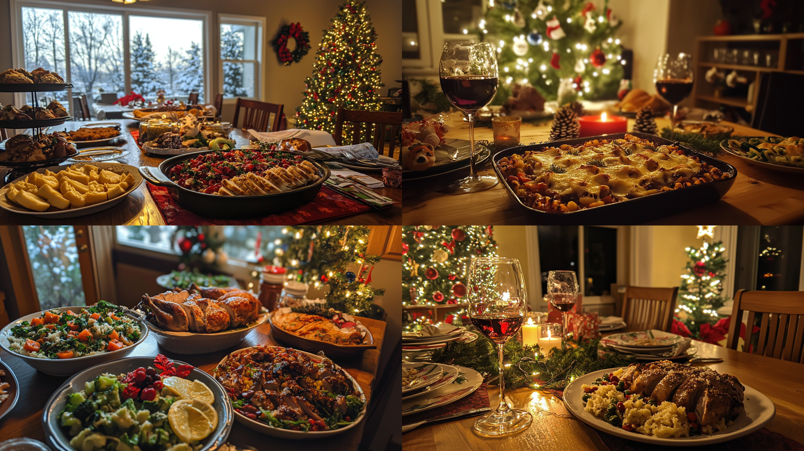 Festive Christmas dinner table set with various holiday dishes, including roasted chicken, salads, casseroles, and wine, surrounded by Christmas tree decor and warm lighting.