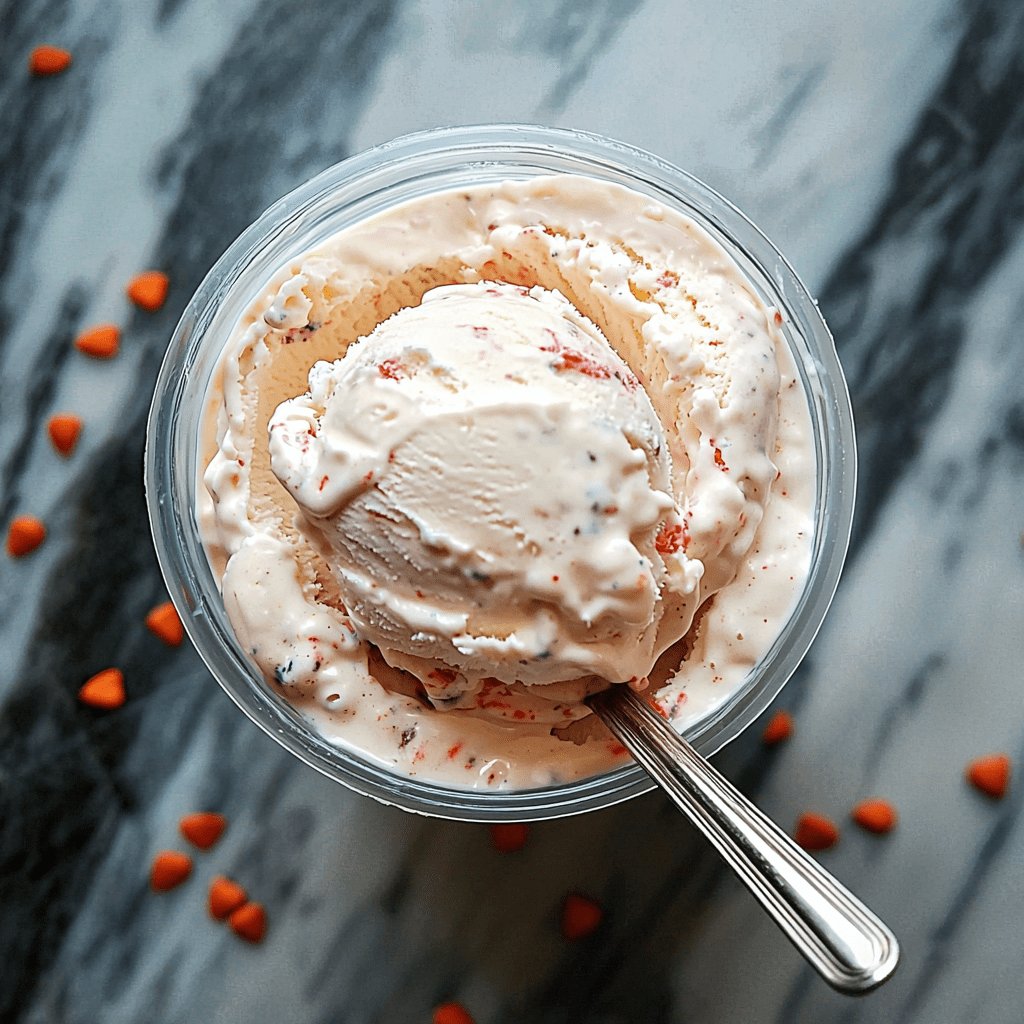 Close-up of a creamy homemade ice cream scoop in a clear container, featuring vibrant red fruit pieces, set on a marble surface with scattered orange candy bits