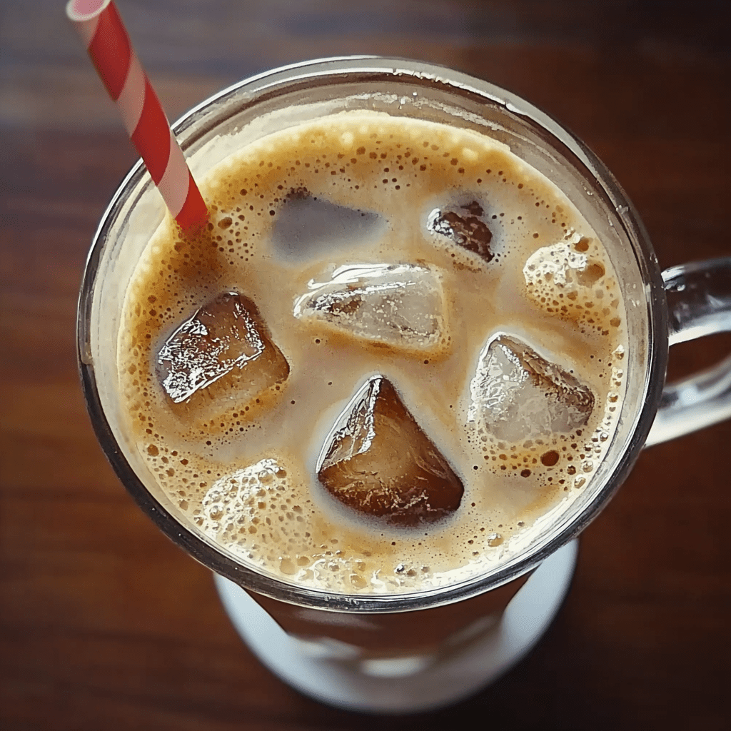 Glass of creamy iced coffee with visible ice cubes and a red-striped straw, served on a wooden table for a refreshing Starbucks-style drink