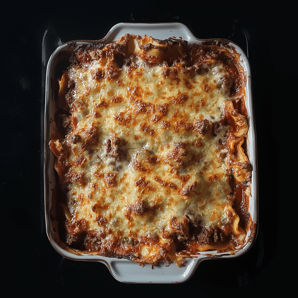 Freshly baked Barilla lasagna in a square baking dish, featuring golden, bubbling cheese and rich meat sauce layers, perfect for serving.