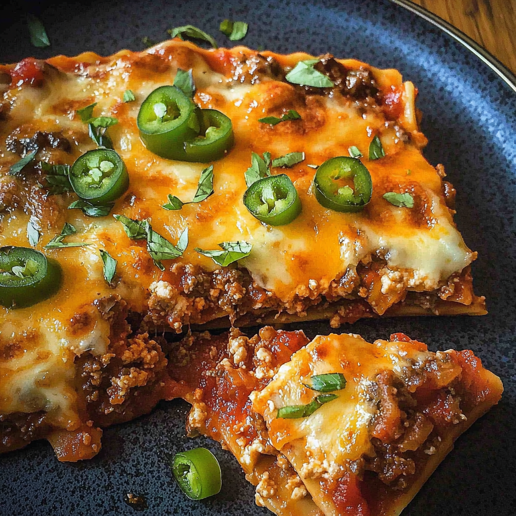 Layered taco lasagna recipe with tortillas, ground beef, cheese, and salsa baked to perfection in a casserole dish