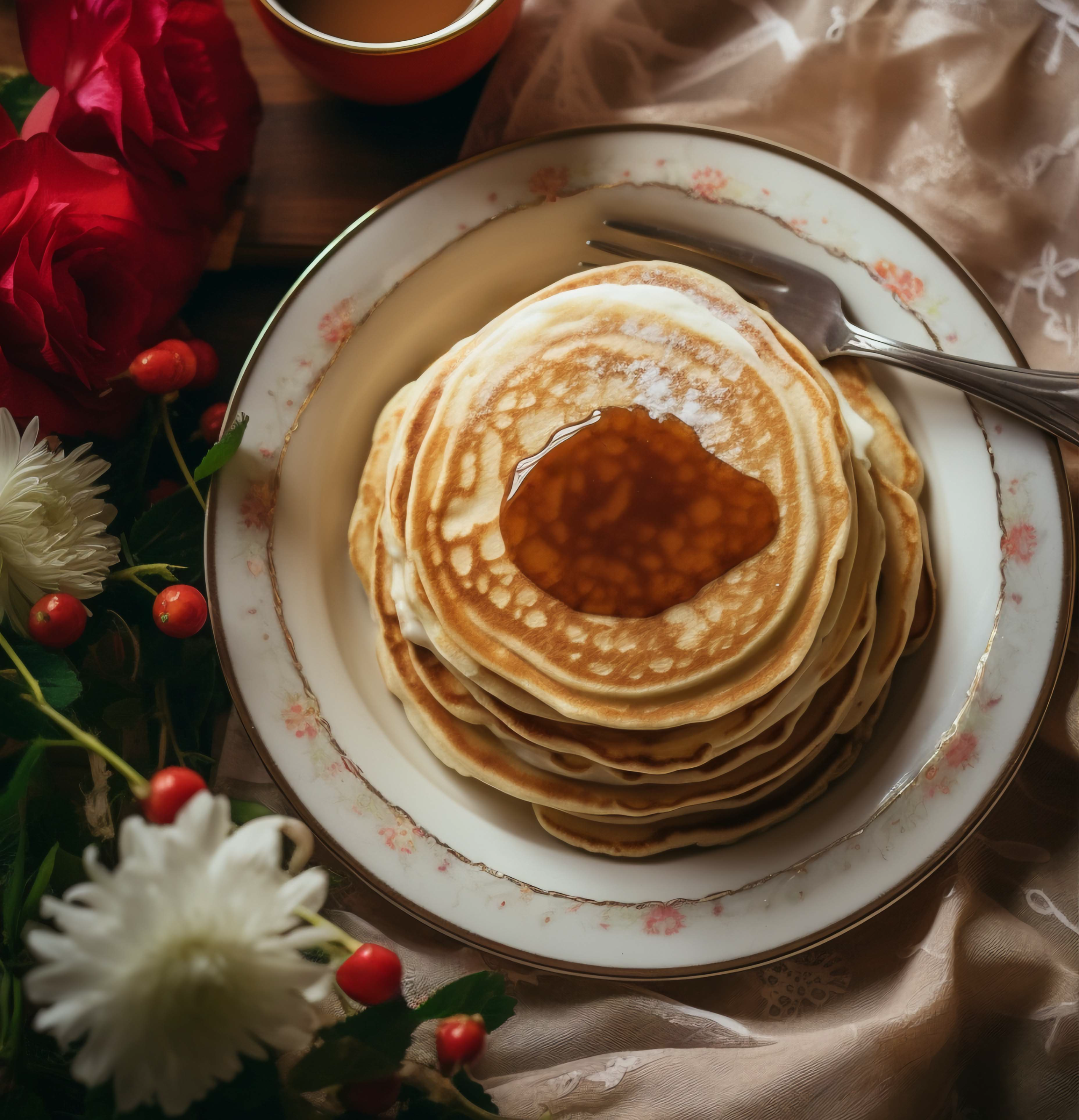 A stack of fluffy pancakes made from the Cracker Barrel pancake recipe, topped with butter and drizzled with golden maple syrup, served on a white plate with a fork on the side.