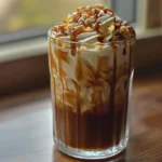 Starbucks caramel iced coffee in a clear glass, swirled with caramel syrup, topped with whipped cream and caramel drizzle for a sweet, indulgent treat.