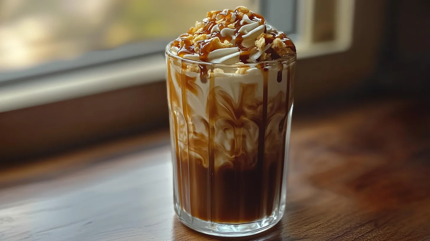 Starbucks caramel iced coffee in a clear glass, swirled with caramel syrup, topped with whipped cream and caramel drizzle for a sweet, indulgent treat.